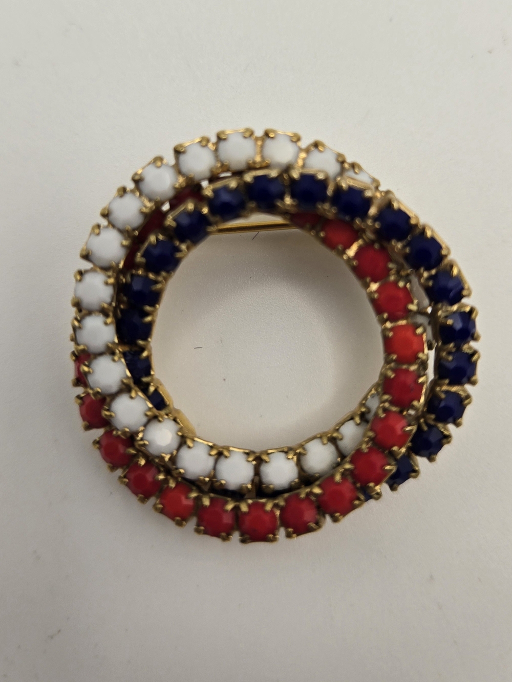 Vintage Gold-Tone Crystal Milk Glass 3 Circles Brooch Patriotic Red White Blue